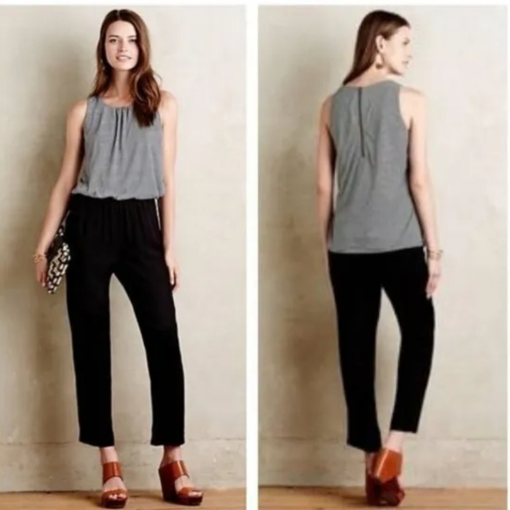 Anthropologie Elevenses olive saje green stripes jumpsuit sleeveless